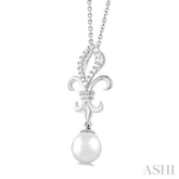 7 MM Round ShapeCultured Pearl and 1/10 ctw Fleur De Lis Round Cut Diamond Pendant With Chain in 10K White Gold